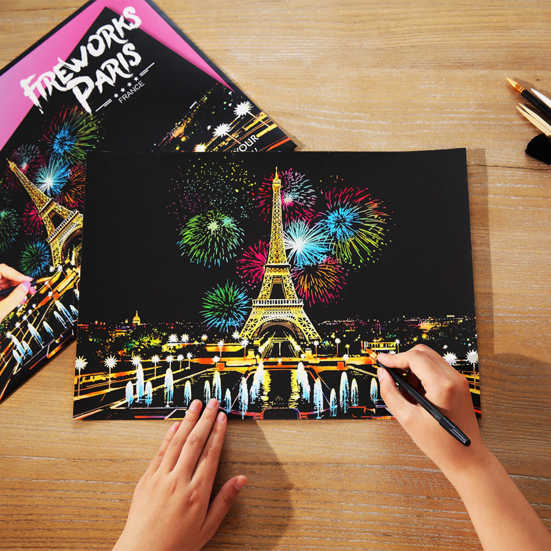 Photography New York - DIY カラフルな A3 都市夜景スクラッチペイントツール付きパリニューヨークランドマーク風景風景スクラッチアートルーム装飾ギフト