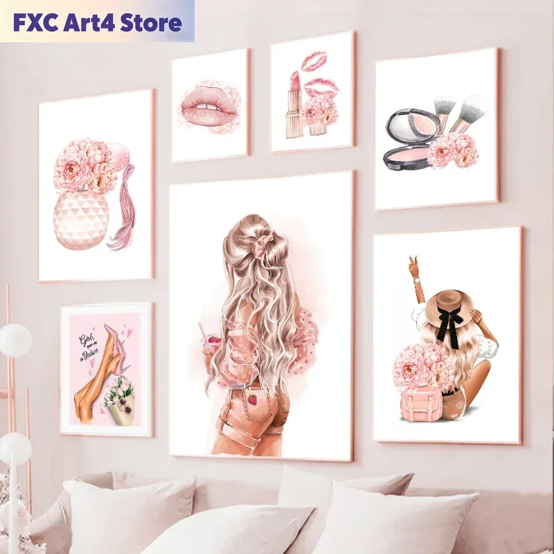 Photography Trend - フレームレスファッションアートキャンバス絵画香水瓶ヒール口紅ハンドバッグ北欧ポスターやプリント壁の写真部屋の装飾