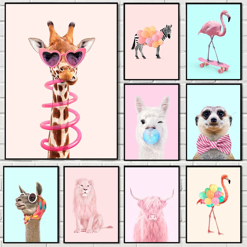 Photography Trend - 面白いファッションキリンゼブラフラミンゴパーティーポスター動物キャンバス絵画壁アートプリント画像子供部屋の家の装飾