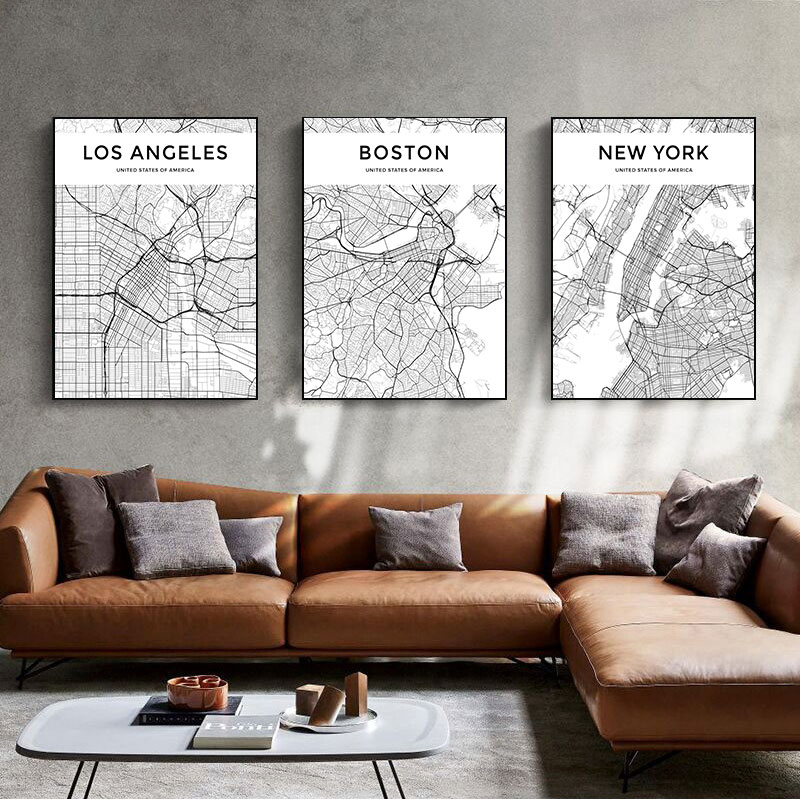 Photography New York - 北欧スタイルの絵画プリント、リビングルーム用の白黒世界都市地図、ニューヨーク、東京、パリのウォールアートキャンバスポスター
