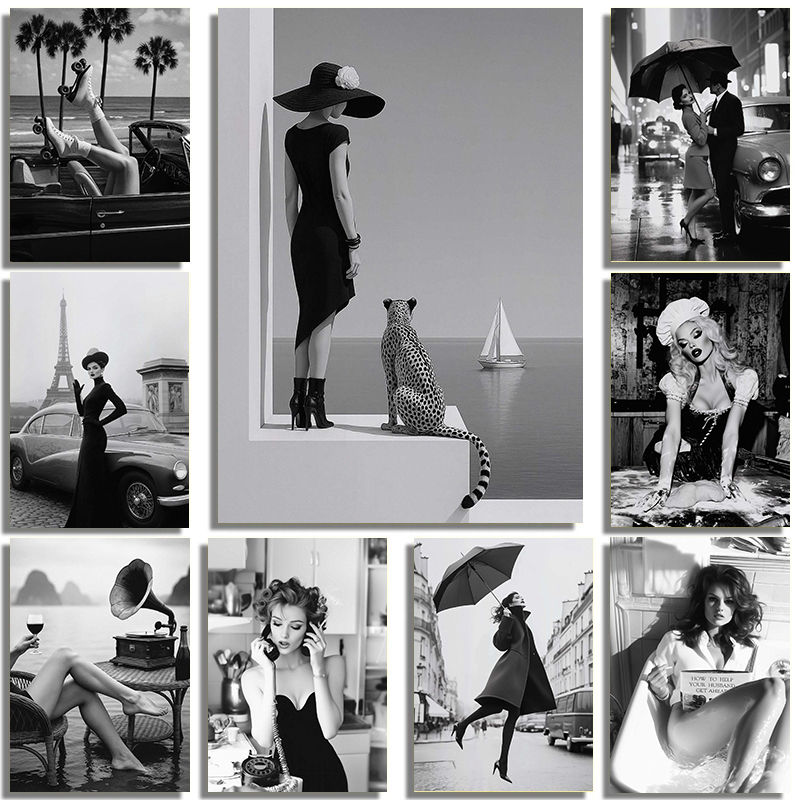 Photography Trend - 黒と白のファッションストリートインテリアセクシーな美容モデルアートポートレートポスター高級キャンバス絵画ホームリビングルーム装飾