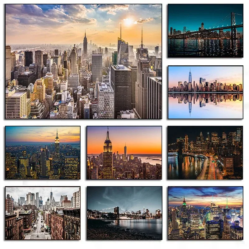Photography New York - 新しいyork都市夜のスカイライン風景ネオンビルディングポスター、キャンバス絵画、リビングルームのアート写真、家の装飾
