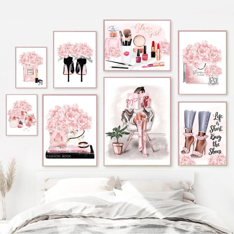 Photography Trend - ピンクの花パリ香水ファッション口紅ヒールガールアートキャンバス絵画北欧ポスタープリント壁の写真リビングルームの装飾