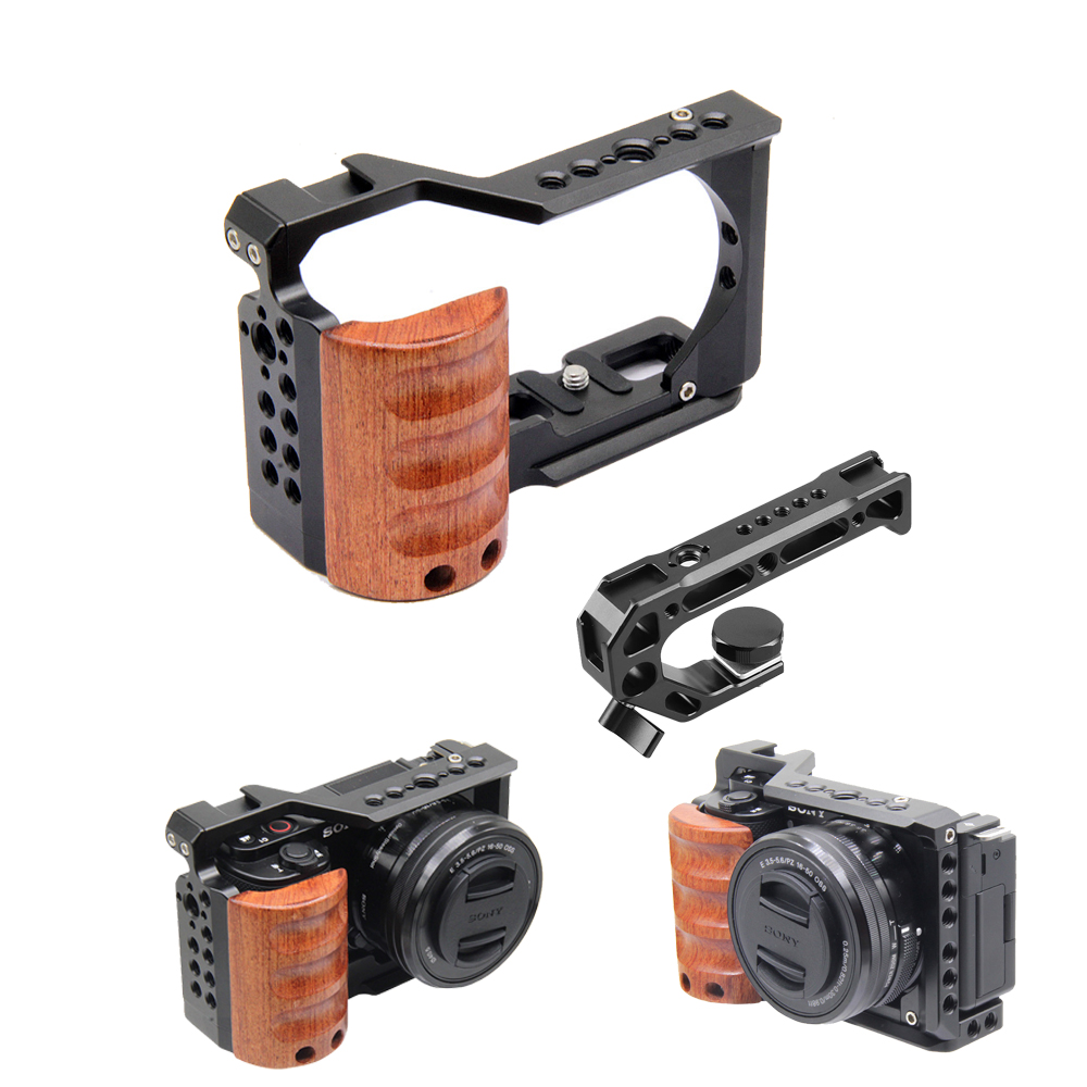 Camera Cold Shoe - ソニーZV-E10用ケージカメラ、木製ハンドル付きコールドシュー、ラビットケージサポートブラケット、スタビライザー、ビデオLEDマイク、三脚