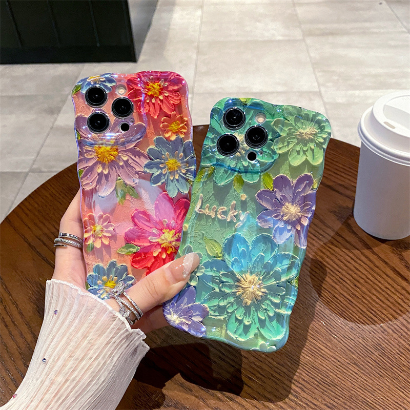 Photography Hobby - レトロな青色の光の油絵風フラワーウェーブシリコン製iPhone 12/13/14/15/16 Pro Max Plus用耐衝撃バンパーケース