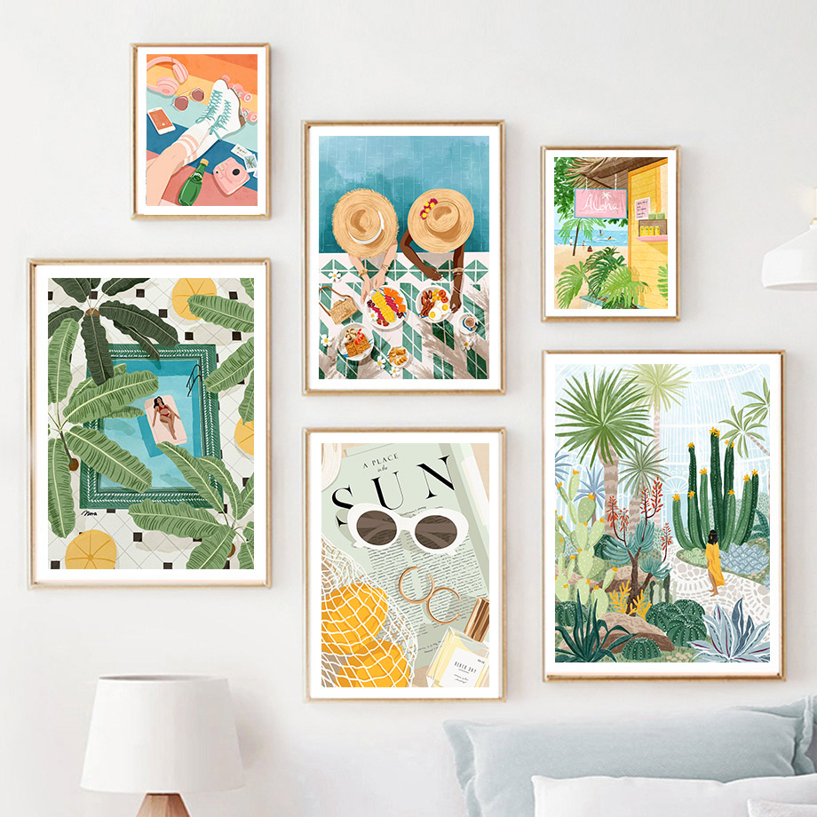 モロッコの女の子、熱帯植物の葉のウォールアートキャンバス絵画 - Photography Trend のレビューと価格