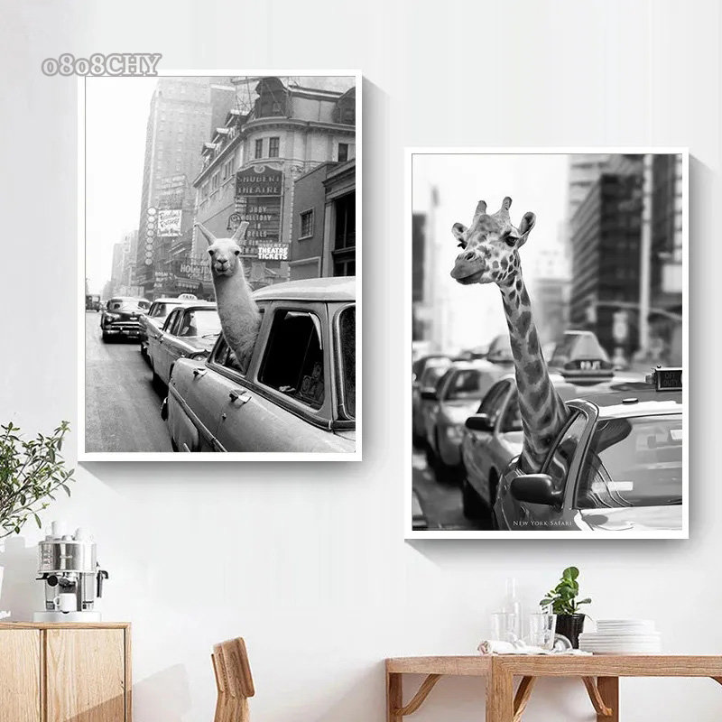 1pc フレームレス黒と白の旅行風景アルパカ キリンのテキシ - Photography New York のレビューと価格