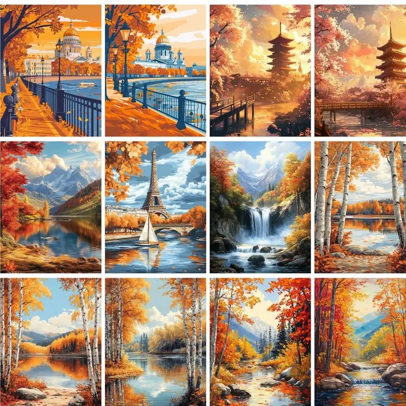 40x50cm キャンバス上の数字塗り絵 数字で描く秋の風景 - Photography Trend のレビューと価格