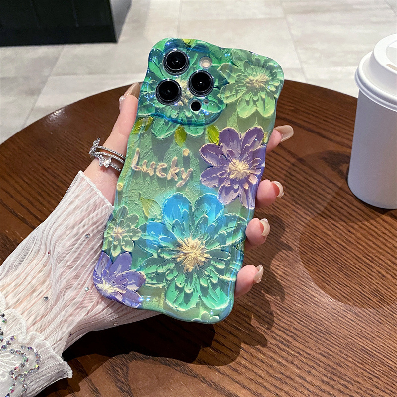レトロな青色の光の油絵風フラワーウェーブシリコン製iPhon - Photography Hobby のレビューと価格