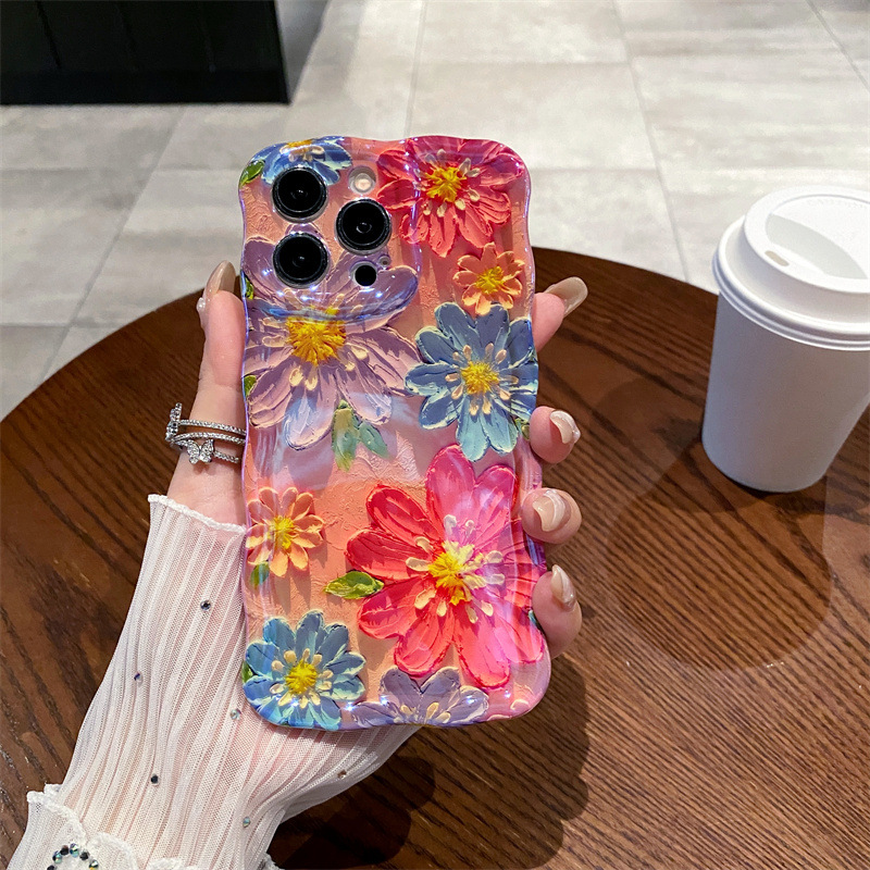 レトロな青色の光の油絵風フラワーウェーブシリコン製iPhon - Photography Hobby のレビューと価格