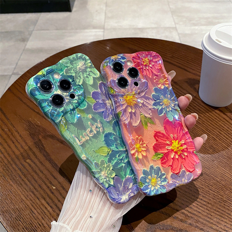 レトロな青色の光の油絵風フラワーウェーブシリコン製iPhon - Photography Hobby のレビューと価格